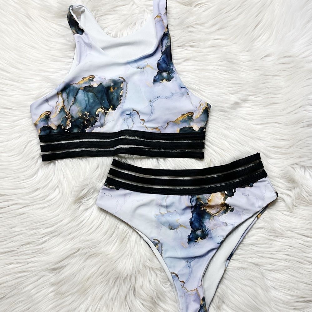 Marble High Neck Bikini Top Blue & Black Size Medium